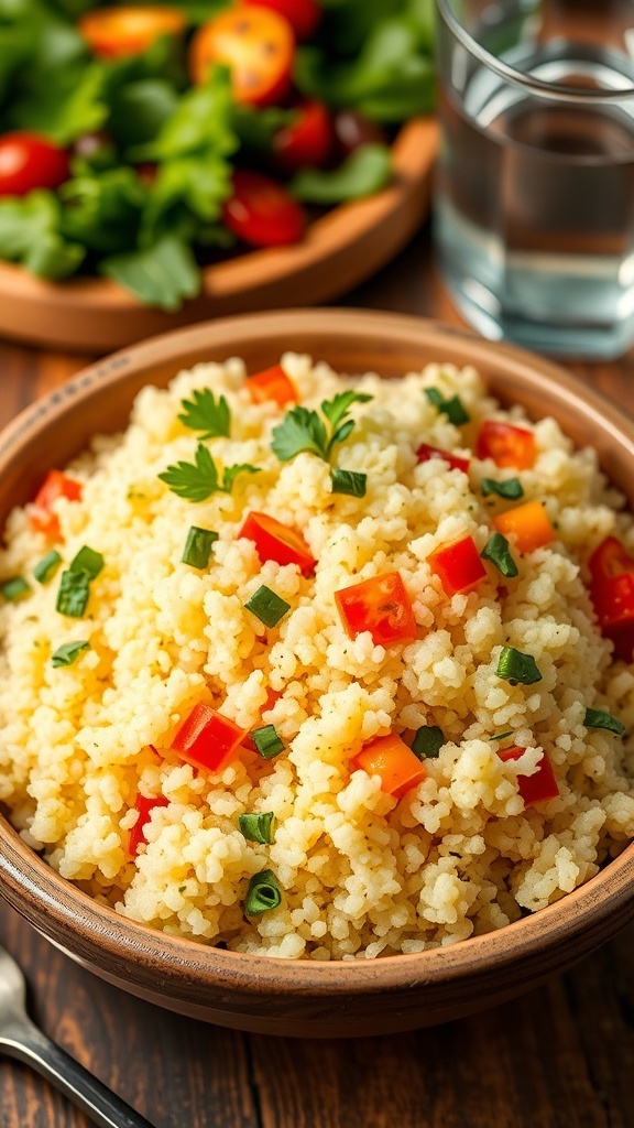 Simple Quinoa Recipe A bowl of cooked quinoa garnished with herbs and vegetables on a wooden table.